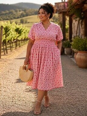 NWT Ella Rafaella 1X Hibiscus Floral Smocked Midi Dress Cottagecore